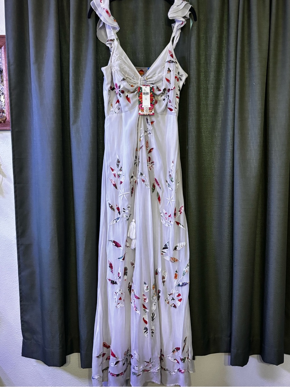 Farm Rio-Anthropologie Ivory floral Embroidered Maxi Dress